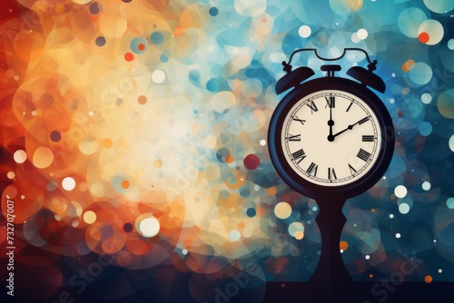 Alarm clock on abstract colorful bokeh background. Time concept. Abstract background for Daylight savings photo