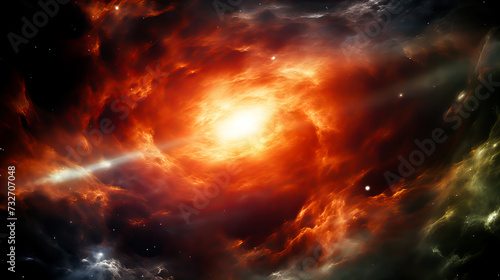 Fiery explosion in space, computer generated abstract background. Red and orange nebula with stars and galaxies. Generative AI technology.