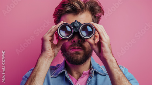 Man looking through binoculars on soft pink background. Find and search concept photo