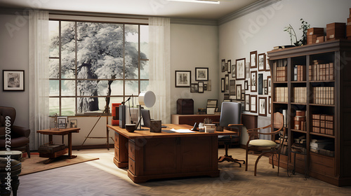 An office for a genealogy research center with family tree visuals, historical documents, and genealogy-themed decor. photo