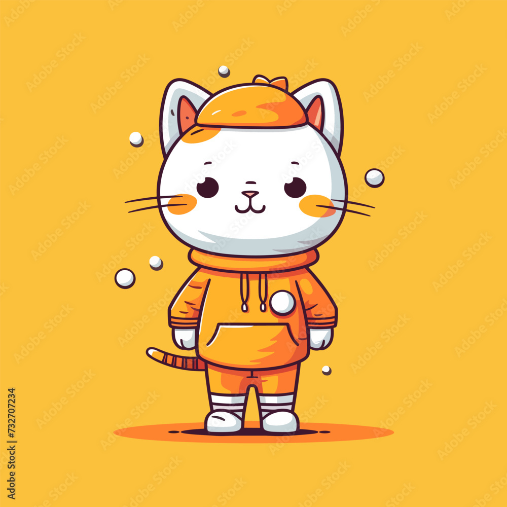 Obraz premium Cute cartoon cat in winter clothes. Vector illustration on a yellow background.