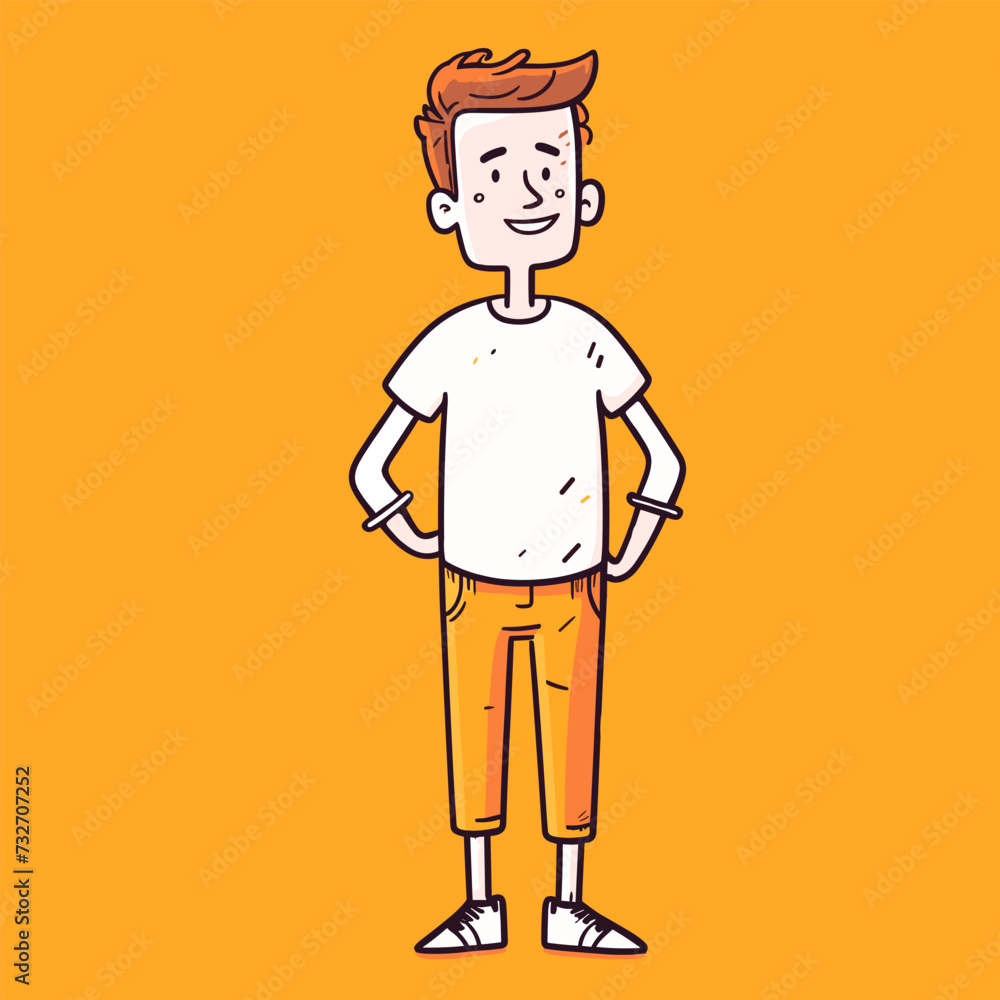 Vector illustration of a young man standing with hands on hips. Cartoon style.