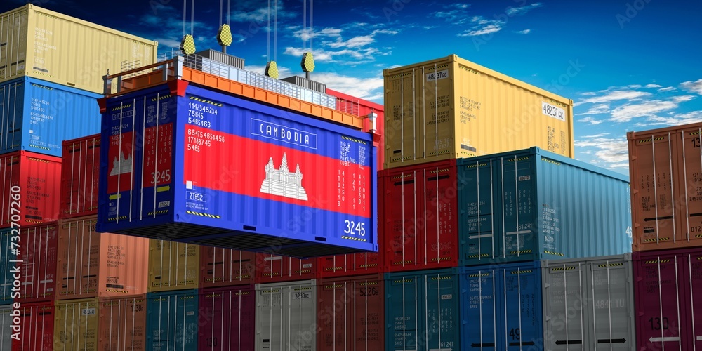 Fototapeta premium Freight shipping container with flag of Cambodia on crane hook - 3D illustration