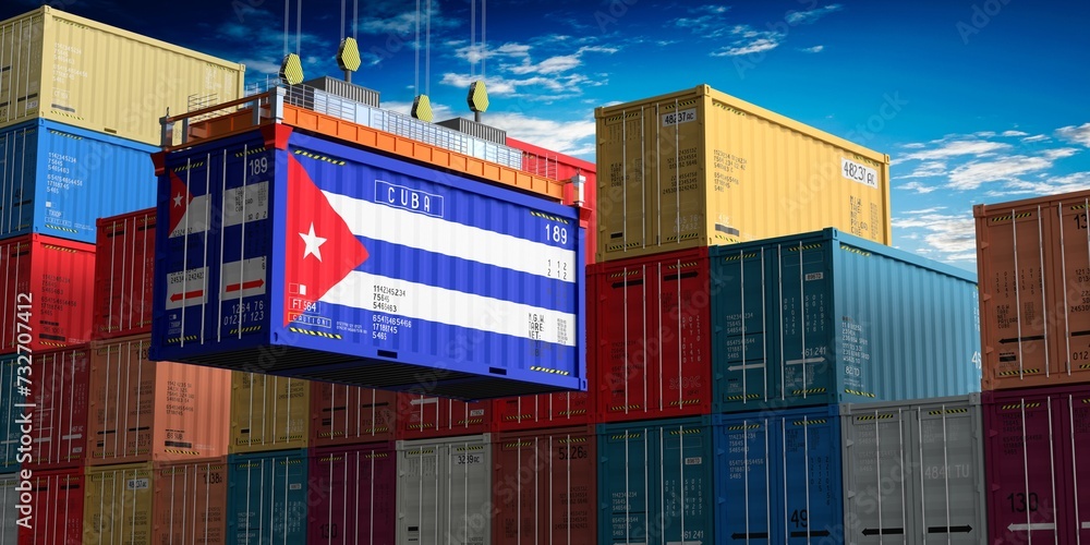Fototapeta premium Freight shipping container with flag of Cuba on crane hook - 3D illustration