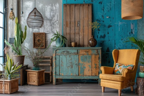 A chic interior featuring stylish upcycled furniture with a rustic wooden cabinet, vibrant yellow armchair, and indoor plants against a distressed turquoise wall.