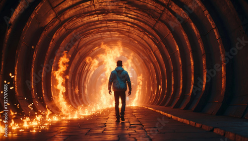 A man walks into a burning tunnel
