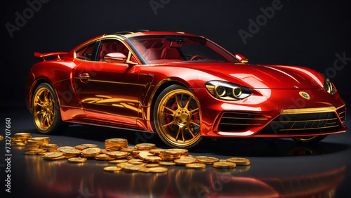 A red and gold sports car with gold coins against a black background