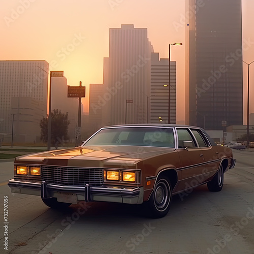 Expesive retro car in 70s style on the urban street with orange sky