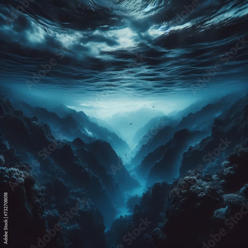 A majestic underwater canyon scene with beams of sunlight penetrating the deep blue ocean. 