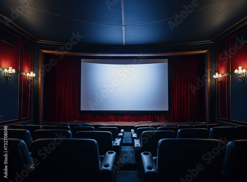 Cinema interior with seats and white screen. Movie theater room with chairs