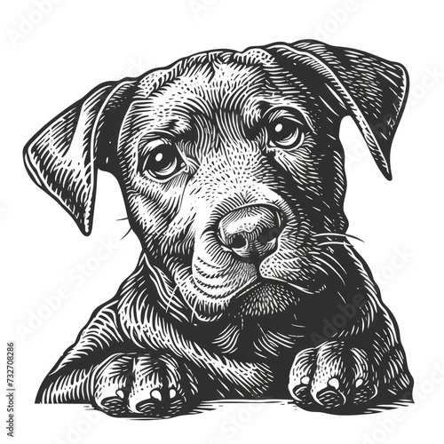 Black & white picture of dog, woodcut, old vintage style, hand drawn simple graphics, isolated on white background