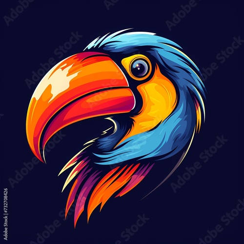 A vibrant and expressive toucan face logo illustration  showcasing the unique features and vibrant colors of the bird  set against a tropical and lively solid background