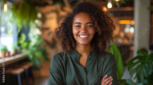 A cheerful woman with curly hair and a green blouse is standing with her arms crossed, smiling brightly in a well-lit indoor setting with plants in the background.
