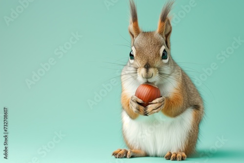 cute squirrel with a chestnut on a pastel blue background with copy space, nut business ad
