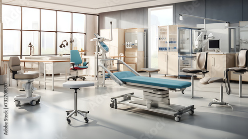 A medical office setting with ergonomic chairs, examination tables, and medical equipment neatly organized.