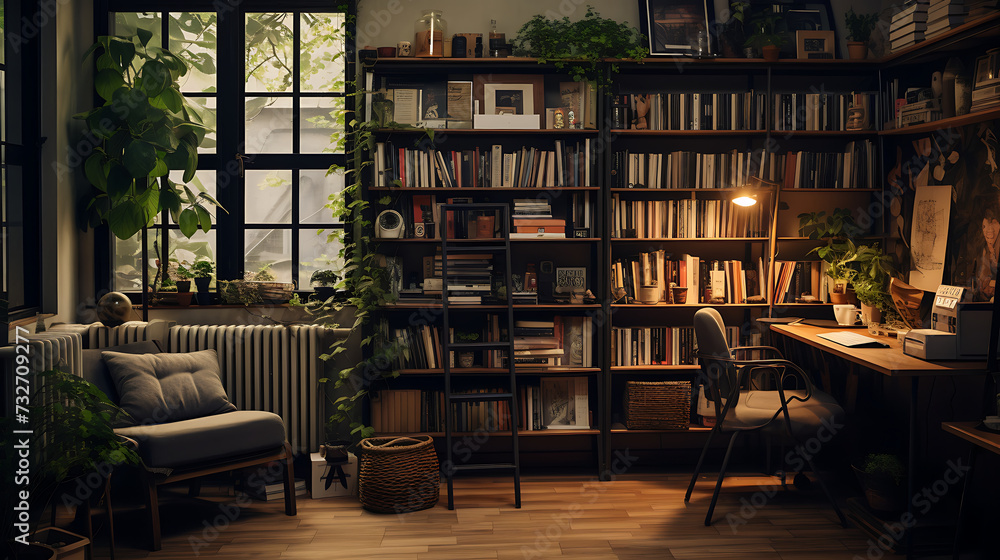 A publishing house office with bookshelves, literary quotes on the walls, and cozy reading corners.