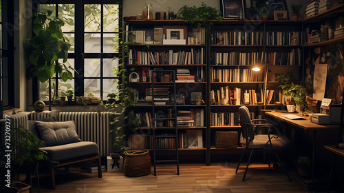A publishing house office with bookshelves, literary quotes on the walls, and cozy reading corners. photo