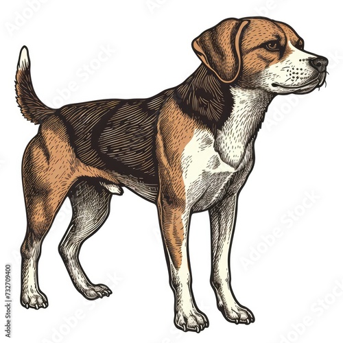Colored picture of dog, woodcut, old vintage style, hand drawn simple graphics, isolated on white background