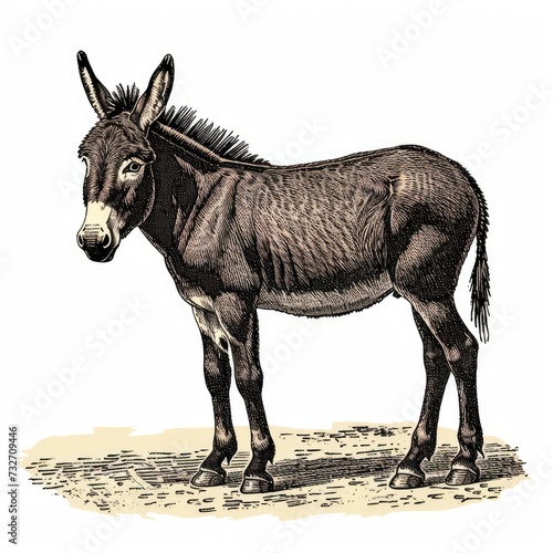 Colored picture of donkey  woodcut  old vintage style  hand drawn simple graphics  isolated on white background