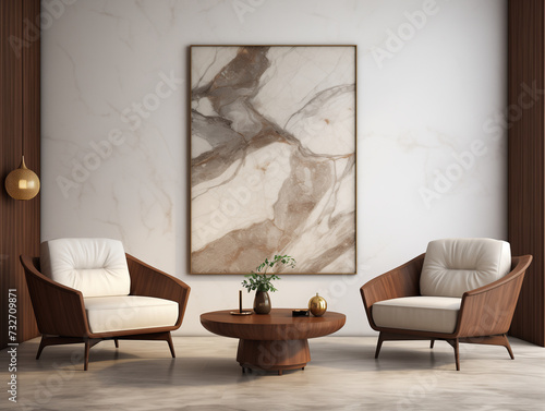 Luxurious Lounge Area with Marble Wall Art and Elegant Wooden Armchairs © HecoPhoto