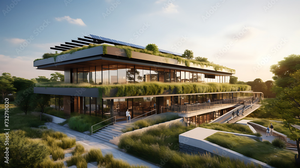 A sustainable energy company office with eco-friendly materials, solar panels, and a green rooftop garden.