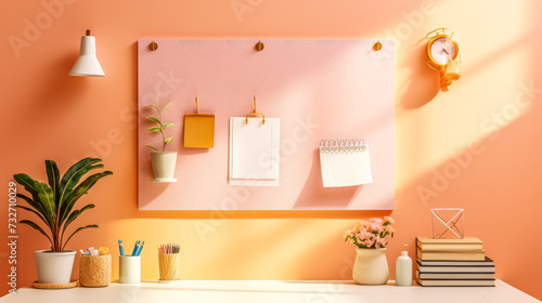 a mood board set against a peach wall