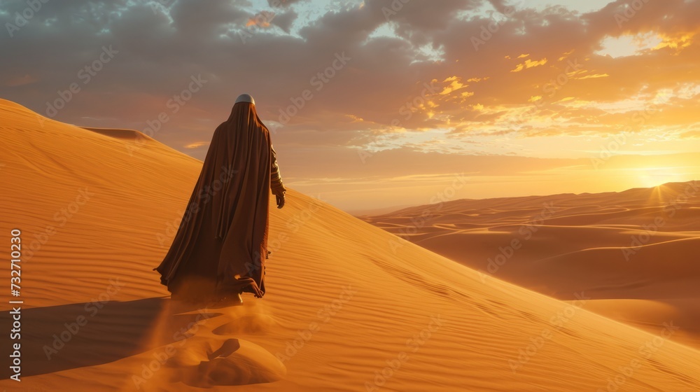 Silhouette of a Muslim woman in the desert at sunset. Lone figure ...