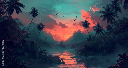 a painting of a river surrounded by trees