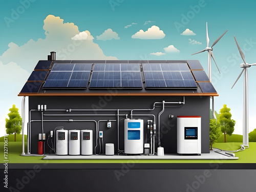 Wide banner design of an infographic diagram  for battery packs alternative electric clean energy storage system at smart home with solar panels roof as backup or sustainable energy concepts design photo
