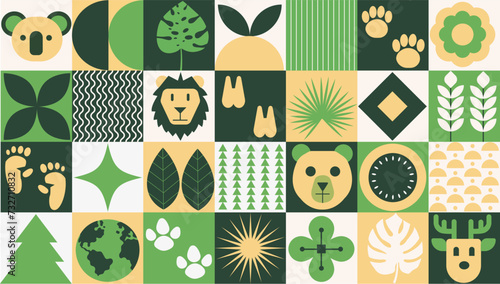 Bauhaus. Geometric background with abstract nature image. Template for background, banner, card, poster. Earth day, biodiversity day, nature and animals. EPS10 vector illustration.