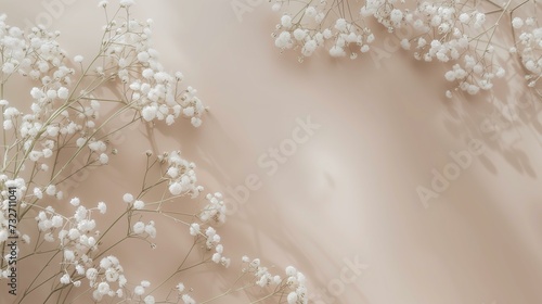 gypsophila babys breath delicate floral frame on a ivory solid background, copy space, flat lay