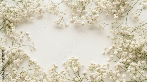 gypsophila babys breath delicate floral frame on a ivory solid background, copy space, flat lay