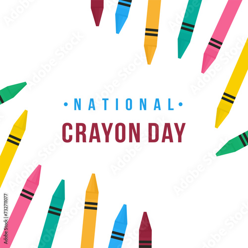 National Crayon Day. Colorful pencils for poster, festive celebration, greeting card, banner, flyer and invitation card. Bright multicolor crayons isolated on white background.Flat Vector illustration