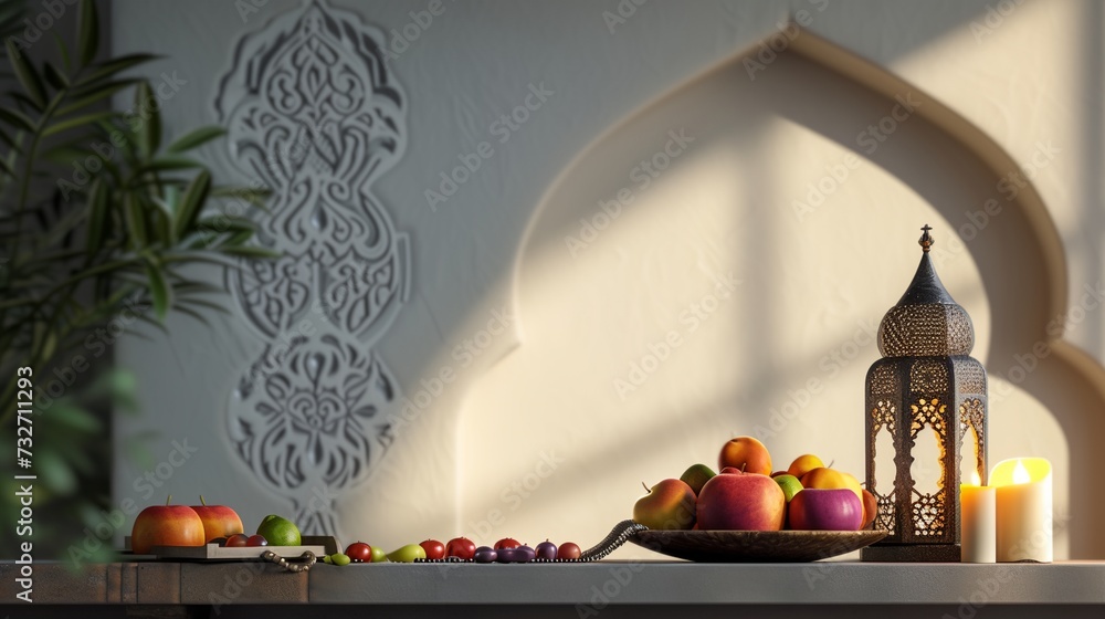 a table with a tray of fruit and candles a table with a tray of fruit and candles