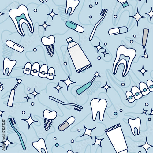 vector seamless pattern dental dentist oral hygiene, teeth, toothbrush and toothpaste, braces and dental implants, background for dental clinics and corporate identity