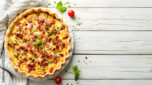 Elevating Tradition: Top View Delights of Quiche Lorraine. Generative AI