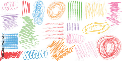 Hand drawn brush stroke sketch textures. Scribble doodle abstract geometric shapes set. Multi colored crayon strokes, dots and spirals. Grunge smears, thin and thick chalk strokes