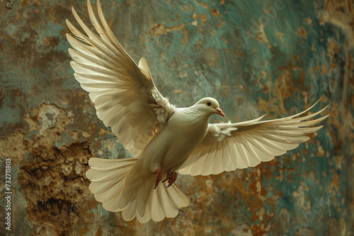  A Winged Dove, Representing the Holy Spirit of the New Testament, Gracefully Soaring with Symbolic Presence. Ample Copy Space to Reflect on Divine Guidance and Peace."