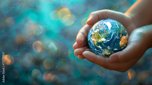 Fototapeta Naklejka Na Ścianę i Meble -  Two hands cradle a miniature Earth against a vivid blue background, symbolizing care and responsibility for our planet