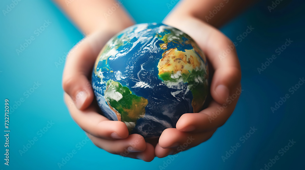 Two hands cradle a miniature Earth against a vivid blue background, symbolizing care and responsibility for our planet Two hands cradle a miniature Earth against a vivid blue background, symbolizing care and responsibility for our planet