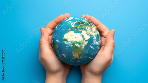 Two hands cradle a miniature Earth against a vivid blue background  symbolizing care and responsibility for our planet