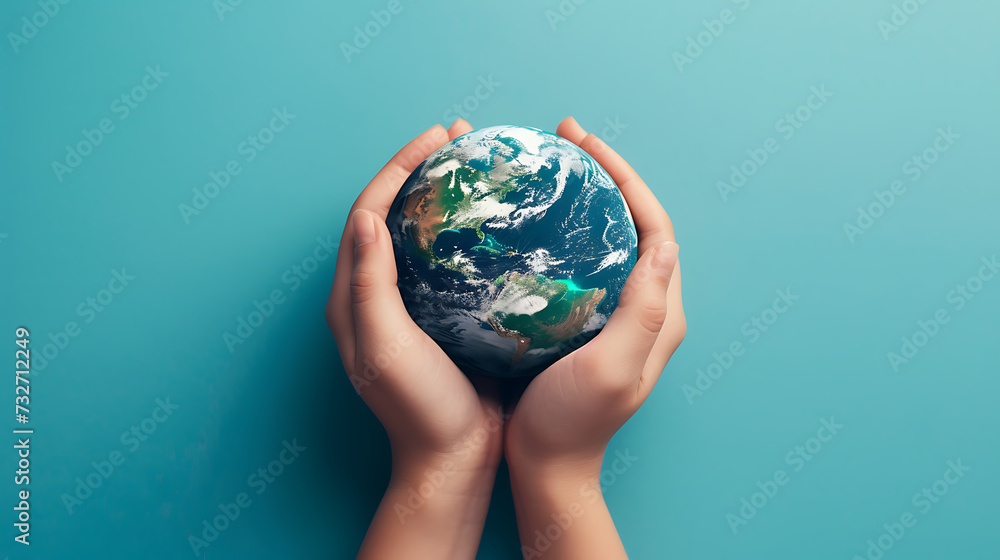 Two hands cradle a miniature Earth against a vivid blue background, symbolizing care and responsibility for our planet Two hands cradle a miniature Earth against a vivid blue background, symbolizing care and responsibility for our planet