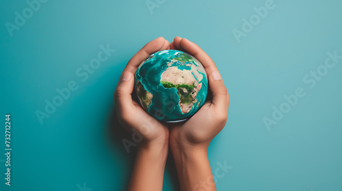 Two hands cradle a miniature Earth against a vivid blue background, symbolizing care and responsibility for our planet
