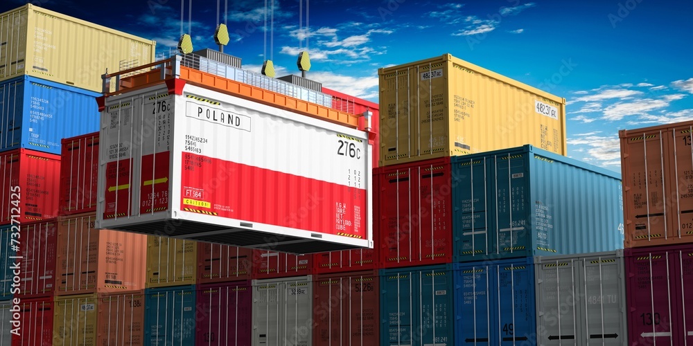 Fototapeta premium Freight shipping container with flag of Poland on crane hook - 3D illustration
