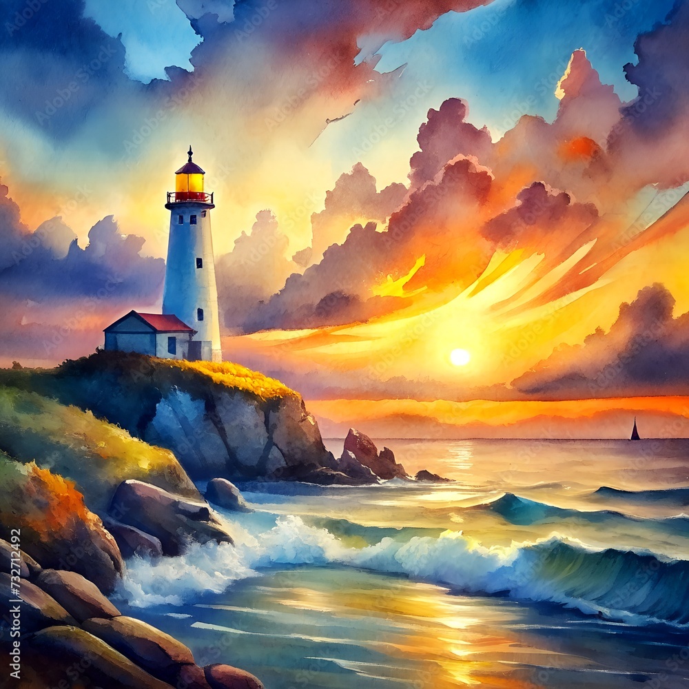 lighthouse at sunset, watercolor illustration