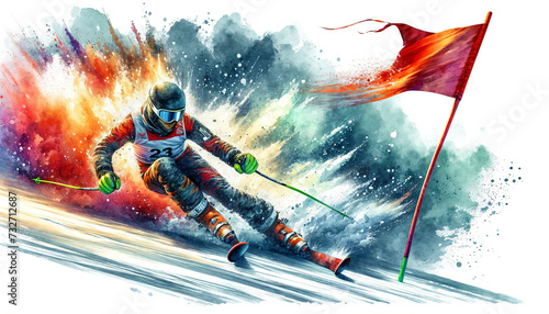 A dynamic watercolor illustration of a skier in full gear aggressively navigating a slalom gate, splashes of vibrant colors emphasize movement and speed.Sport concept.AI generated. photo