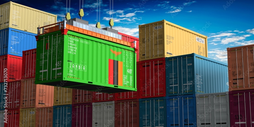 Fototapeta premium Freight shipping container with flag of Zambia on crane hook - 3D illustration