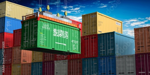 Freight shipping container with flag of Saudi Arabia on crane hook - 3D illustration photo