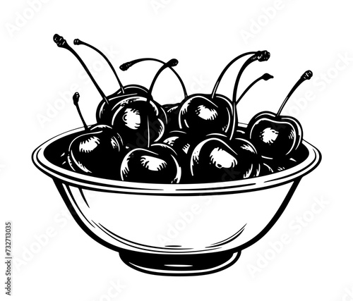 A line drawing black and white ink sketch of a bowl of cherries