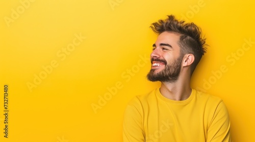 Handsome guy with trendy haircut and well-groomed beard in stylish yellow sweatshirt standing against plain yellow background with toothy smile